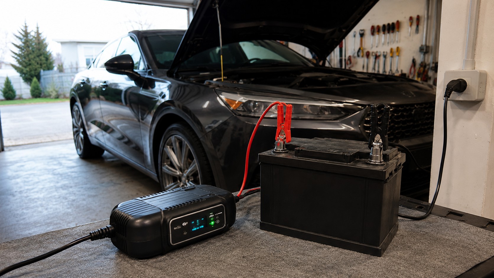 Autonabíjačka zapojená do siete nabíja vybratú autobatériu v garáži