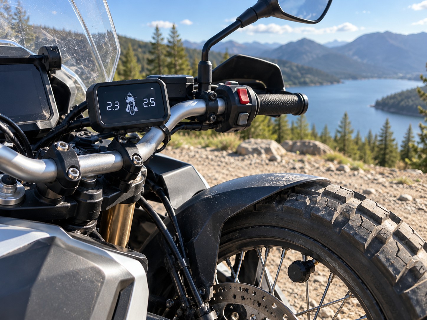 Displej TPMS na riadidlách motocykla a externý senzor tlaku na ventile predného kolesa.