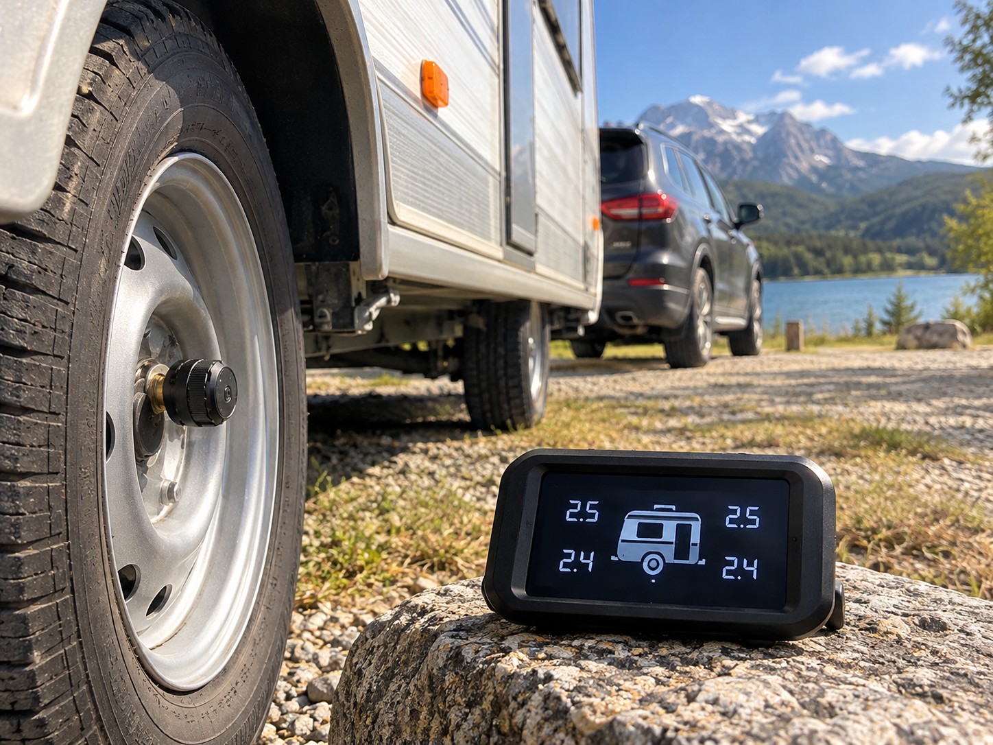 Externý TPMS senzor na ventile kolesa karavanu a displej zobrazujúci tlak pneumatík.
