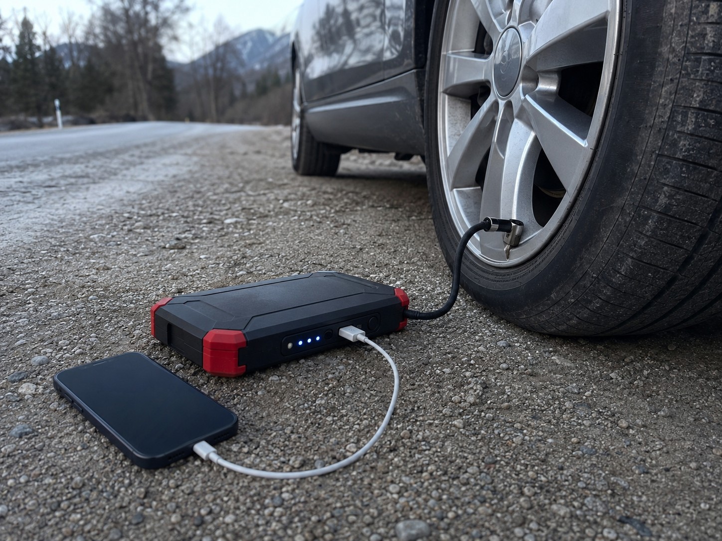 Jump starter s kompresorom a nabíjaním telefónu