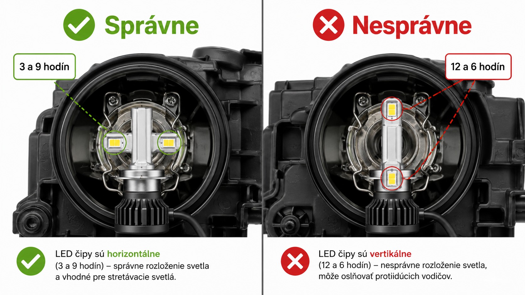 Správna a nesprávna orientácia LED H7 žiarovky