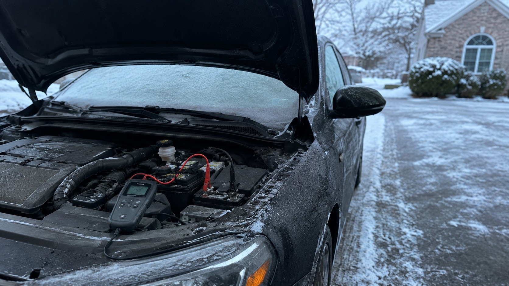 Kontrola štartovacieho prúdu autobatérie testerom vonku v mraze