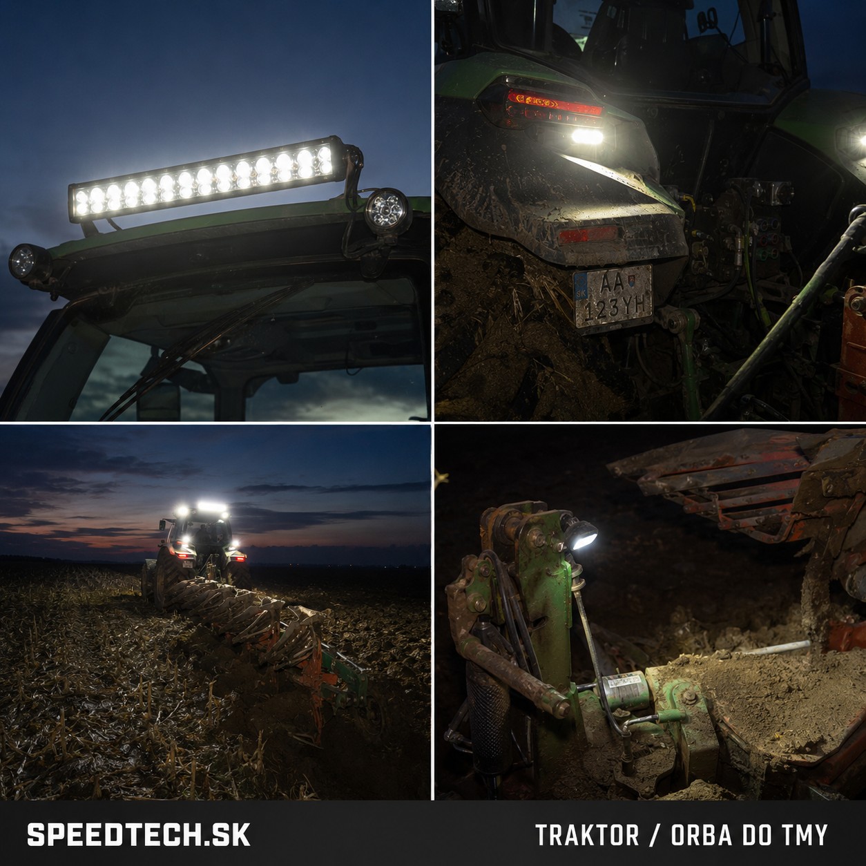 Traktor pri orbe po zotmení s prednou rampou a zadným pracovným svetlom