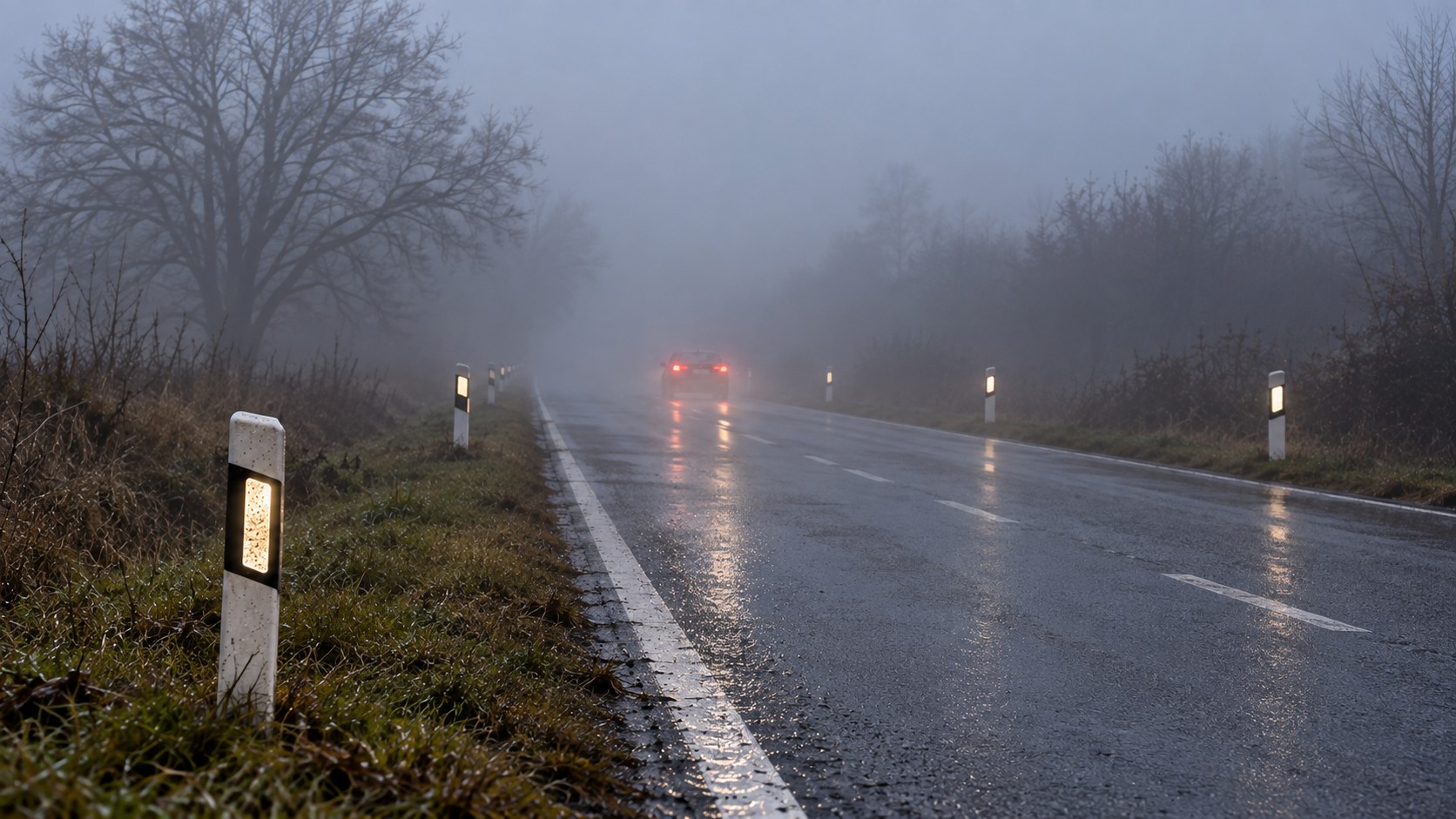 Smerové stĺpiky a auto na mokrej ceste so zníženou viditeľnosťou v hmle