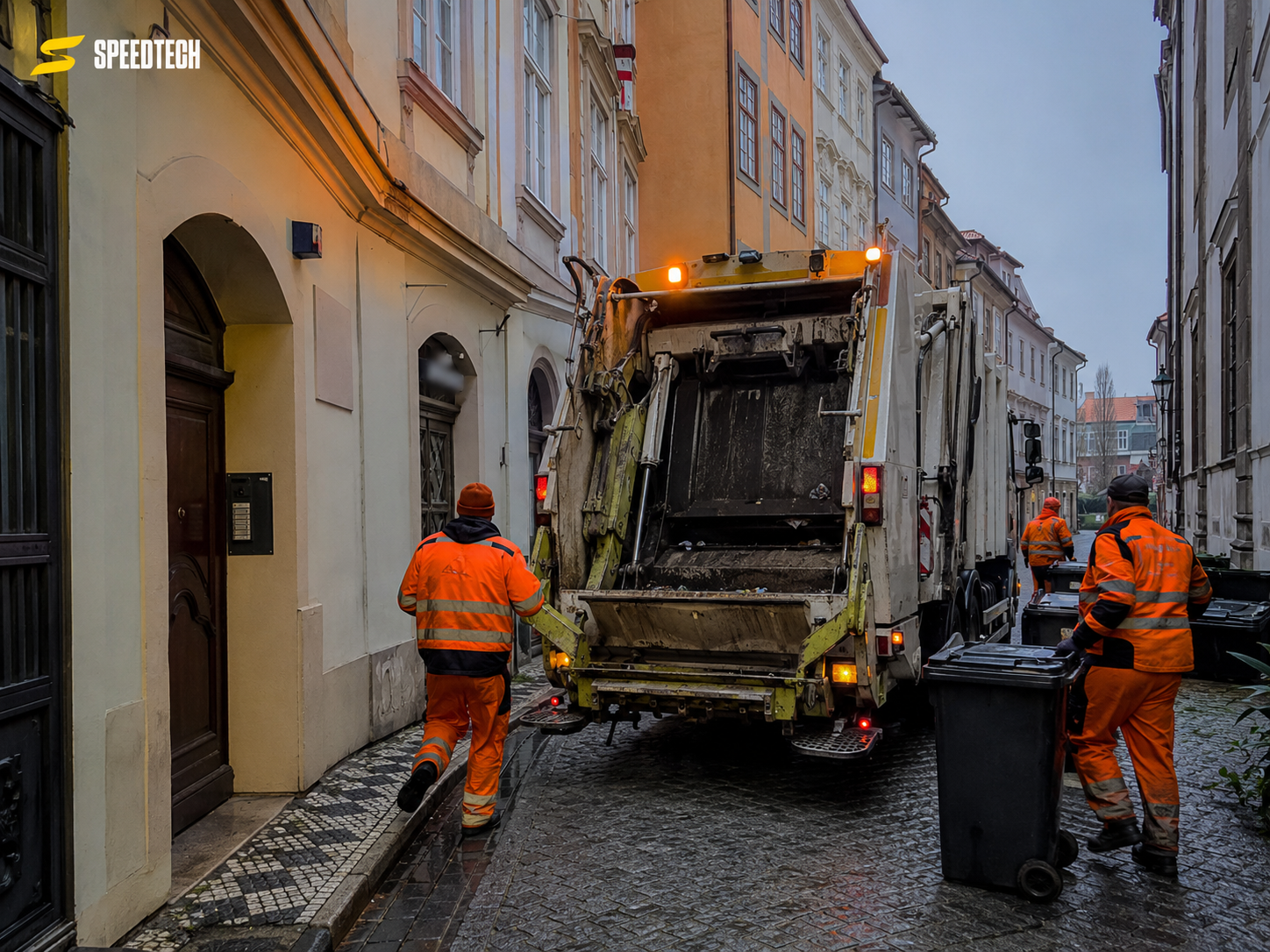Smetiarske vozidlo s oranžovými majákmi v úzkej ulici
