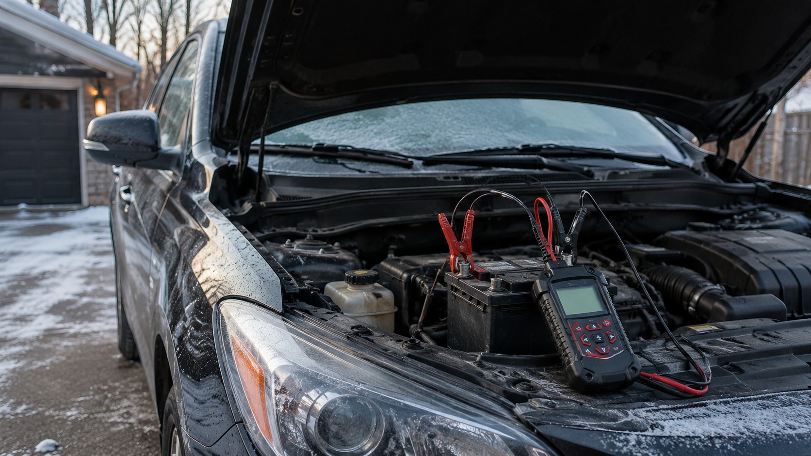 Zimné testovanie autobatérie digitálnym testerom pod kapotou