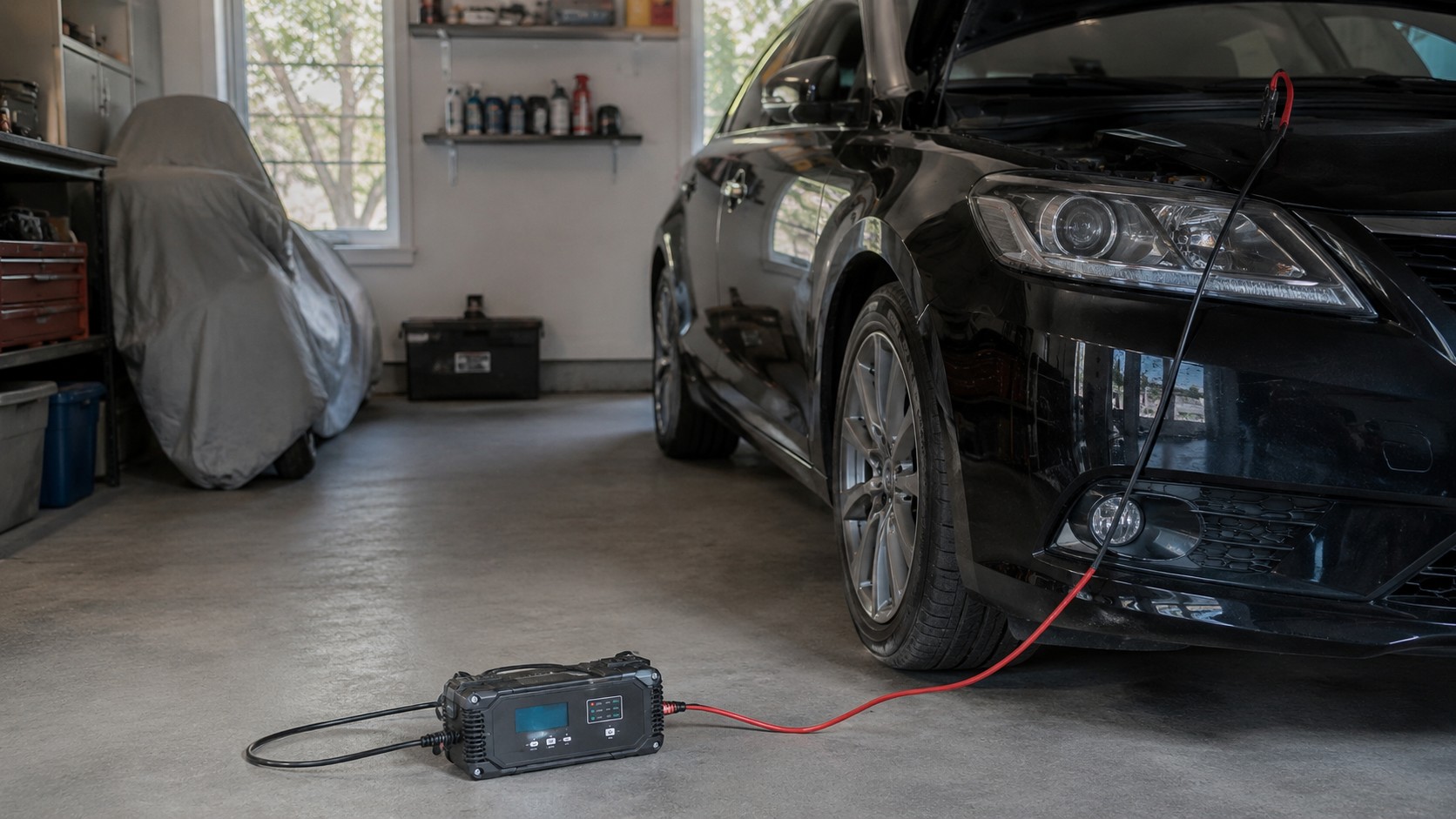 Digitálna autonabíjačka pripojená k čiernemu autu v garáži